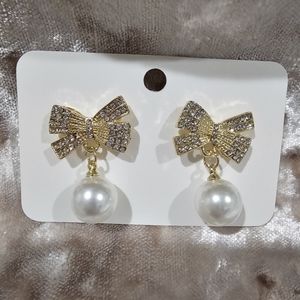 Rhinestone Gold Bow Dangle Pearl Stud Earrings New in Package